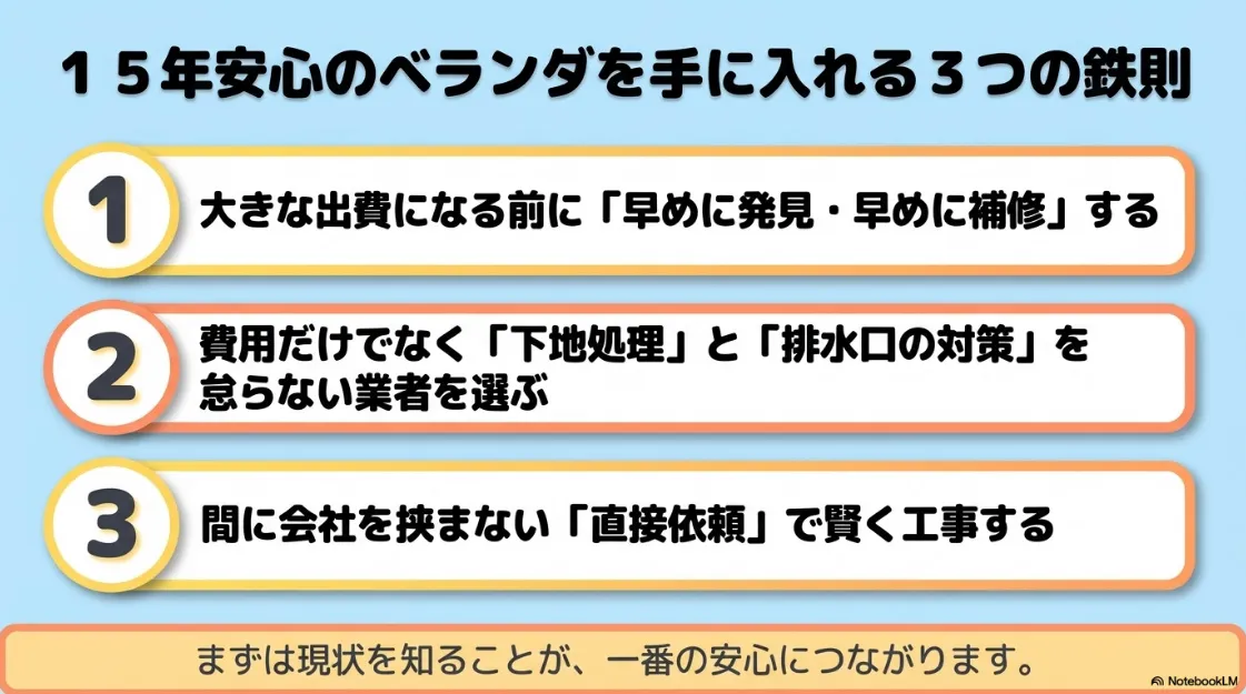 15年安心のベランダを手に入れる3つの鉄則。早めの発見・補修、下地処理と排水口対策、直接依頼で賢く工事をすることのまとめ。