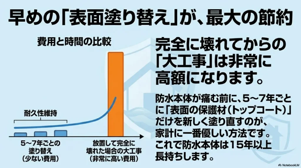 5〜7年ごとのトップコート塗り替えと、放置した後の大規模修繕にかかる費用と時間の比較グラフ。