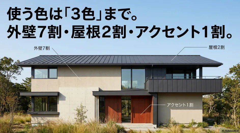 外壁塗装で使う色は3色までとし外壁7割・屋根2割・アクセント1割にする