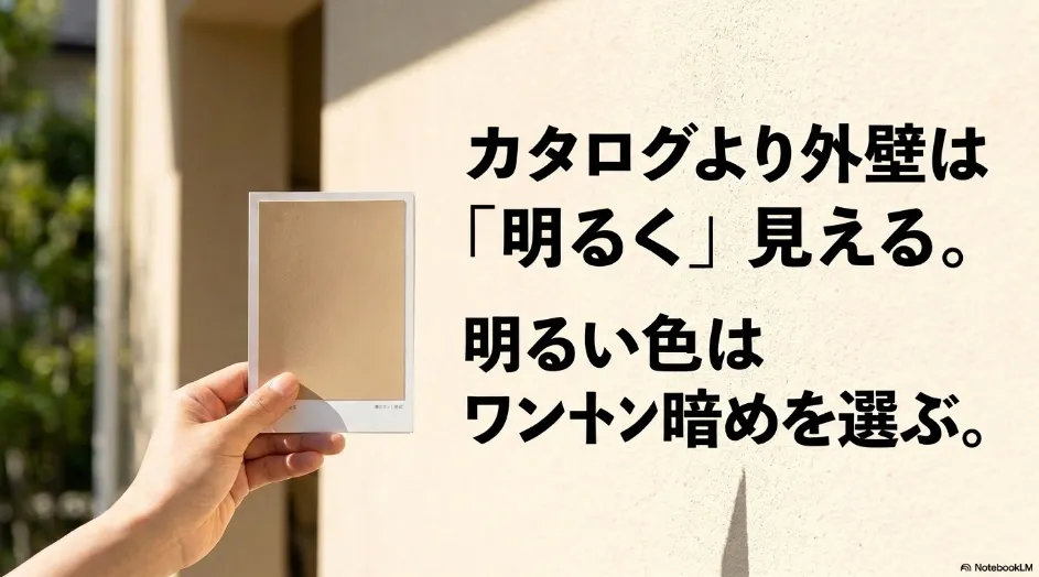 面積効果によりカタログより外壁は明るく見えるため明るい色はワントーン暗めを選ぶ