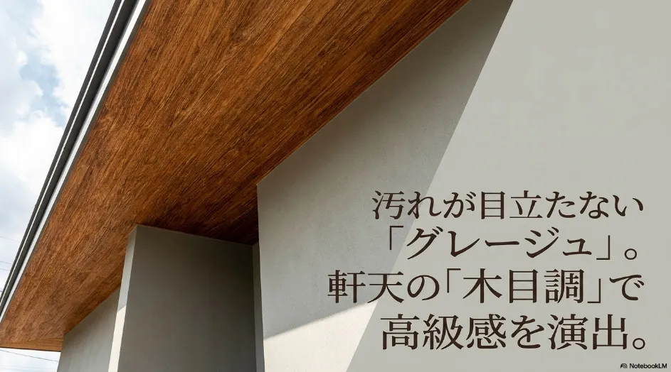 汚れが目立たないグレージュと軒天の木目調で高級感を演出する