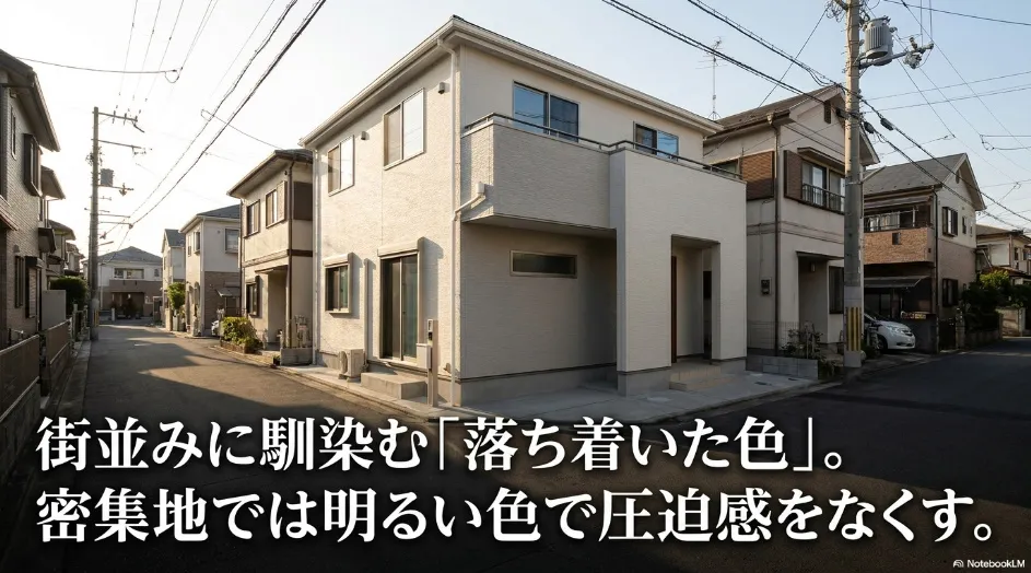住宅密集地では明るい色で圧迫感をなくし街並みに馴染む落ち着いた色を選ぶ