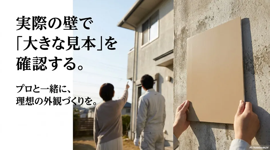 実際の外壁で大きな見本を確認しプロと一緒に理想の外観づくりを行う
