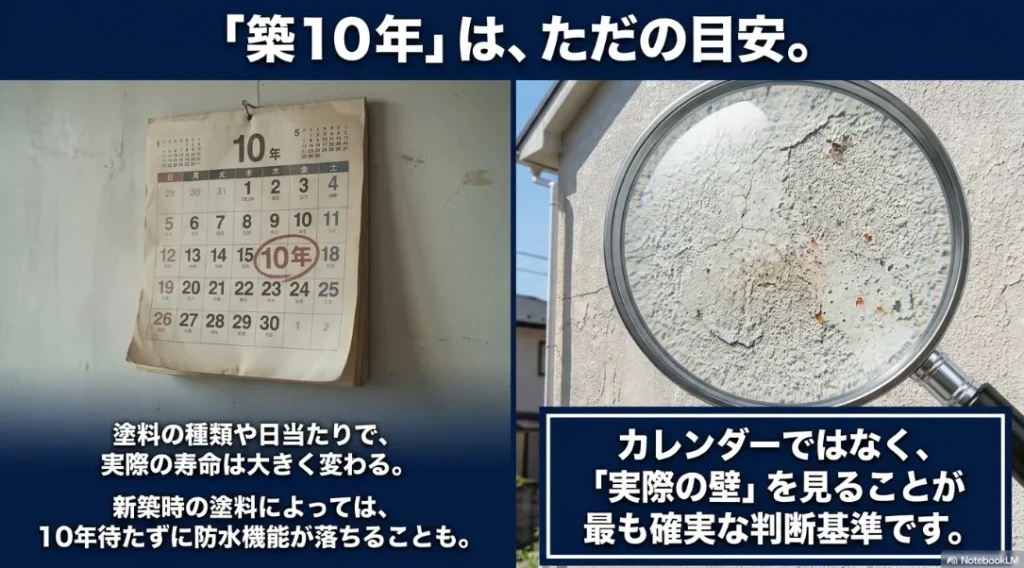 築10年はあくまで目安であり、塗料の種類や日当たりによって実際の寿命が大きく変わることを解説するスライド