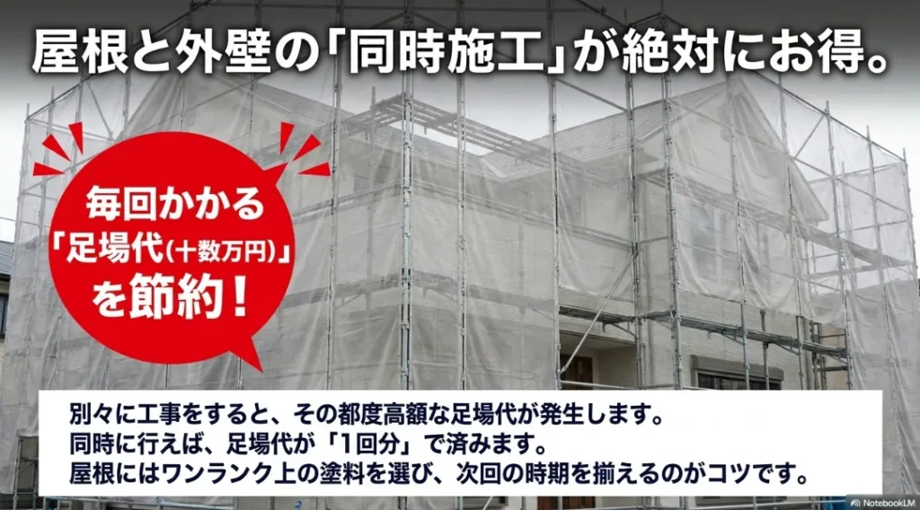 屋根と外壁の工事を同時に行うことで、毎回発生する高額な足場代を1回分に節約できるメリットを解説するスライド