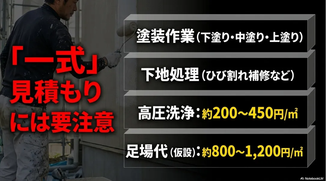 「一式」見積もりの注意点と、塗装作業・下地処理・高圧洗浄・足場代の単価