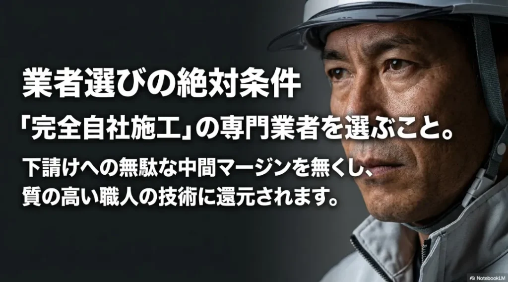 業者選びの絶対条件として、下請けへの無駄な中間マージンを無くせる完全自社施工の専門業者を選ぶべきであるという解説