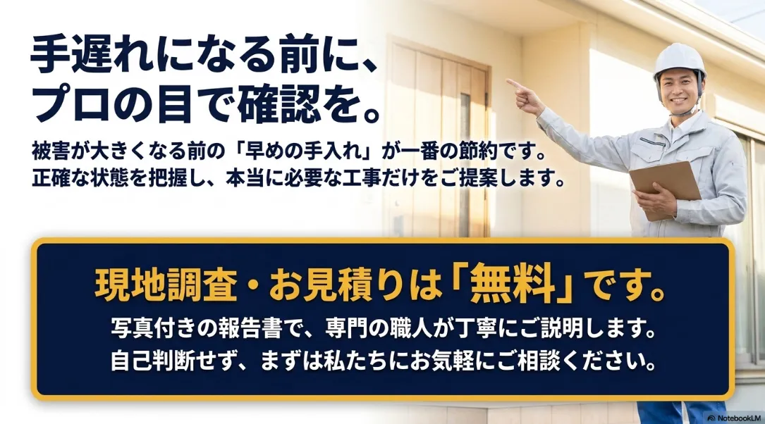 被害が大きくなる前の早めの手入れを推奨し、専門の職人による無料の現地調査とお見積りを案内するスライド