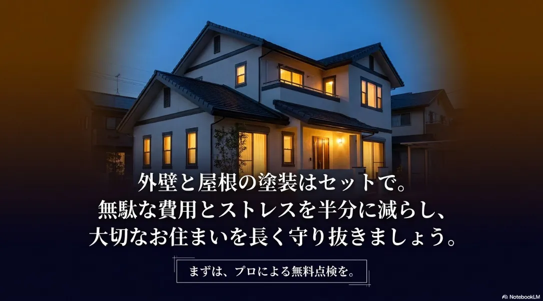 外壁と屋根の塗装はセットで行い、無駄な費用とストレスを減らすというまとめと、無料点検の案内