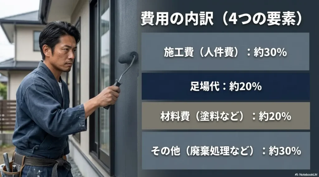外壁塗装費用の4つの内訳(施工費、足場代、材料費、その他)