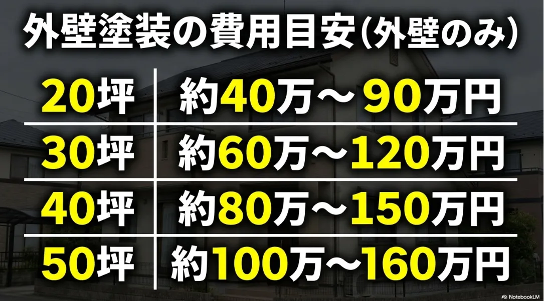 20坪から50坪までの外壁塗装の費用目安表