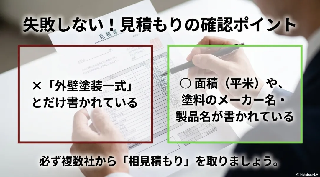 失敗しない外壁塗装の見積もり確認ポイント・面積や塗料名の明記
