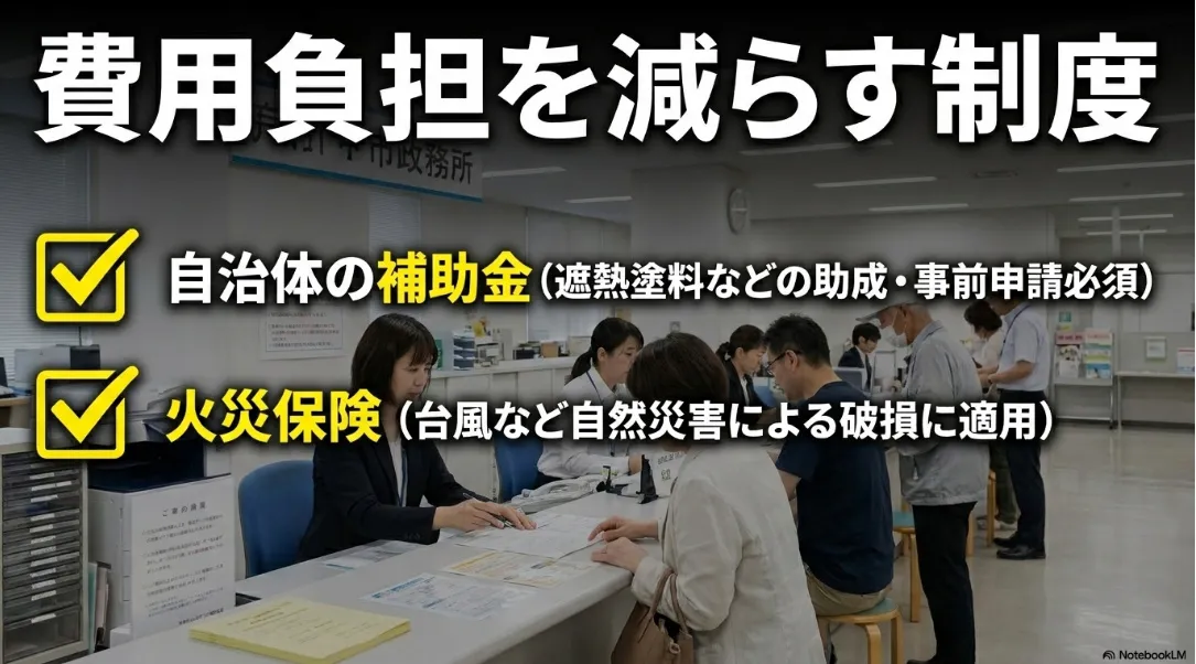 費用負担を減らす制度として、自治体の補助金や火災保険を活用する