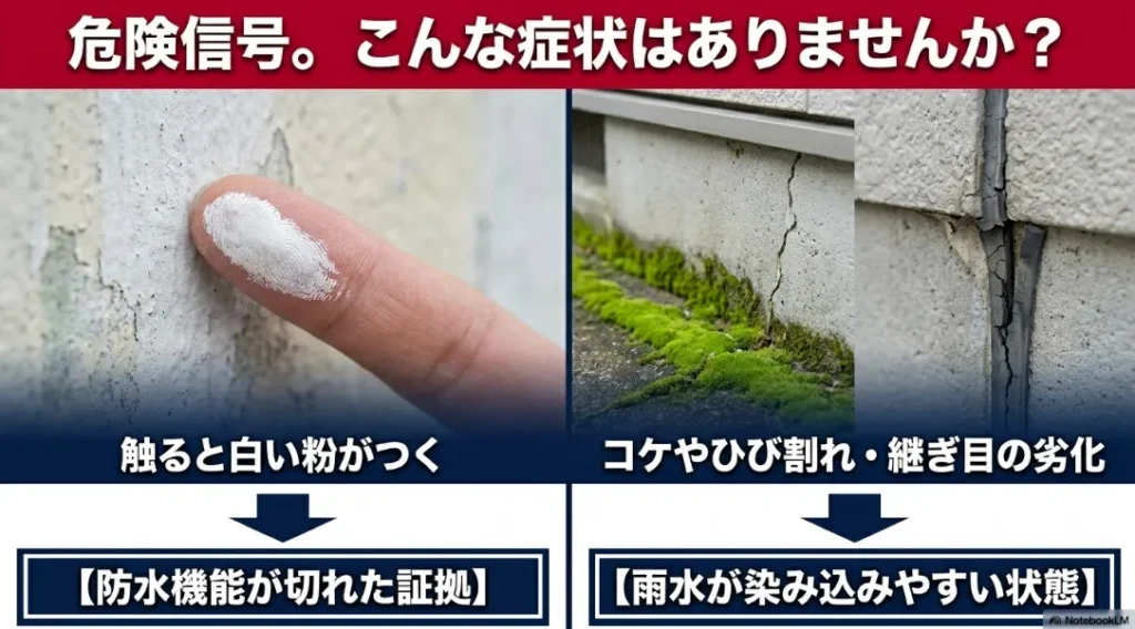 触ると白い粉がつくチョーキング現象や、コケ、ひび割れなど、外壁の防水機能が切れた危険信号を解説するスライド