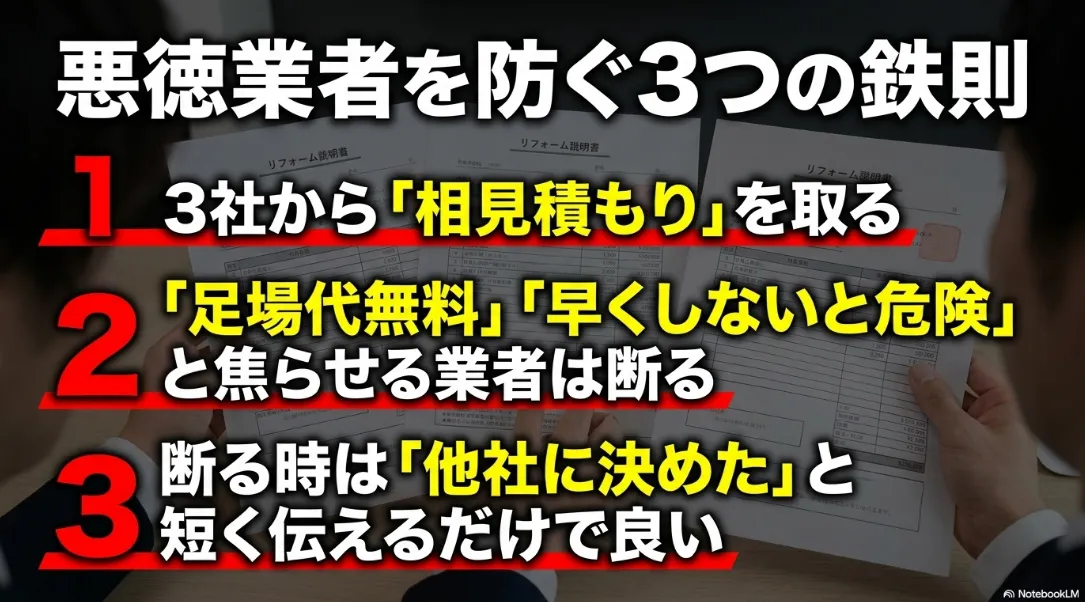 悪徳業者を防ぐ鉄則として、相見積もりを取り、焦らせる業者は断る