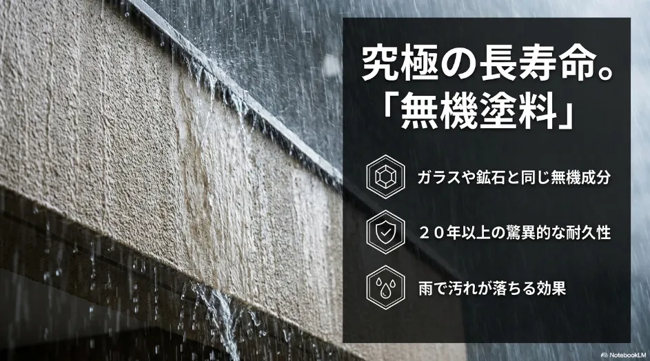究極の長寿命を誇る無機塗料。ガラスや鉱石と同じ成分で20年以上の驚異的な耐久性とセルフクリーニング効果