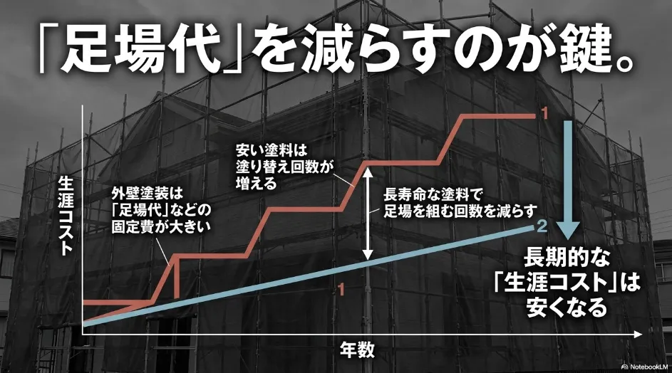 外壁塗装の生涯コストを下げる鍵。長寿命な塗料で足場代などの固定費を削減