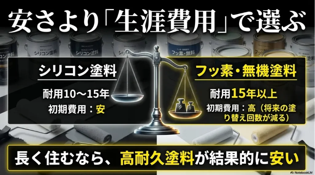 安さより生涯費用で選び、長く住むなら高耐久塗料(フッ素・無機塗料など)が結果的に安い