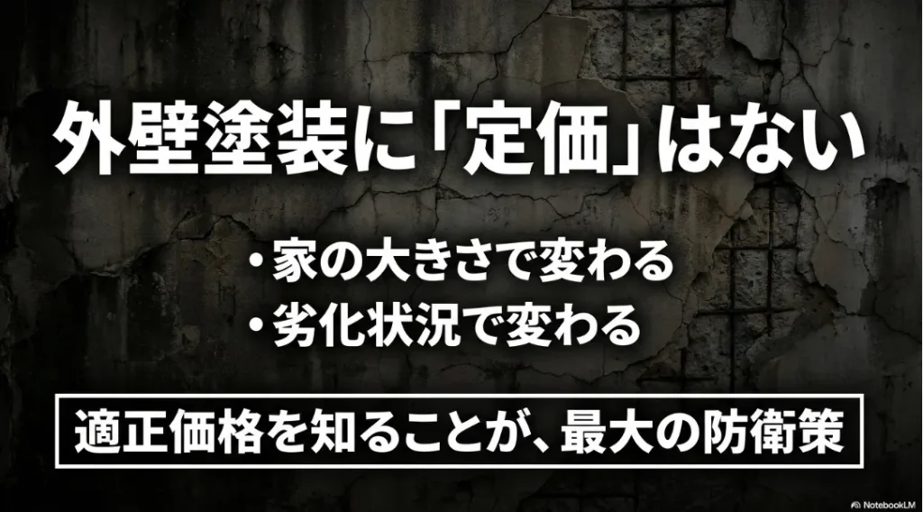 外壁塗装に定価はなく、家の大きさや劣化状況によって変わるため適正価格を知ることが防衛策となる