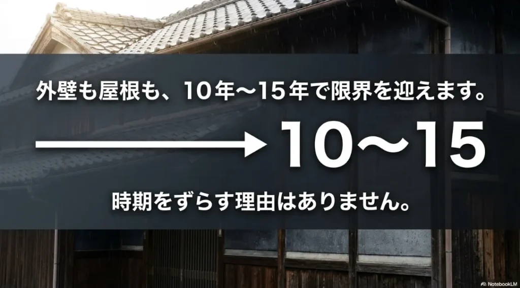 外壁も屋根も10年から15年で限界を迎えるため、時期をずらす理由がないことの解説