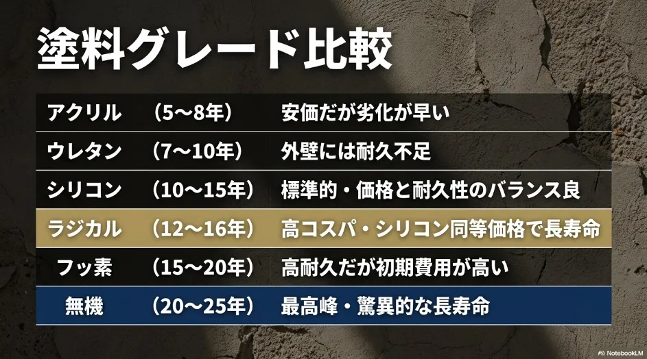 塗料のグレード比較表。アクリル、ウレタン、シリコン、ラジカル、フッ素、無機の耐用年数と特徴