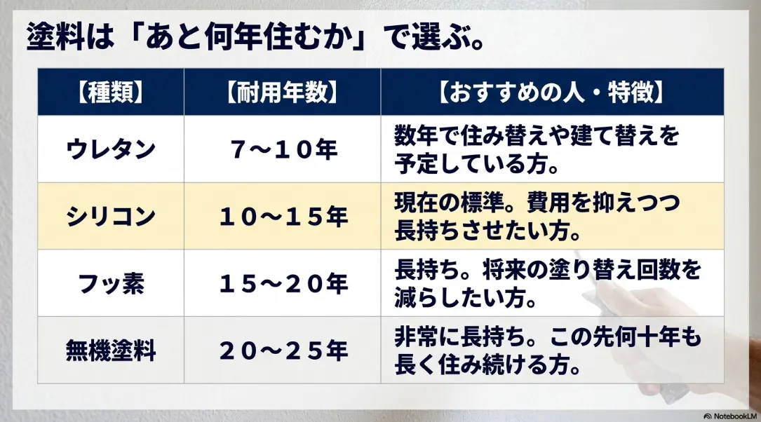 ウレタン、シリコン、フッ素、無機塗料の耐用年数と、今後の居住予定年数に合わせたおすすめの選び方をまとめた表