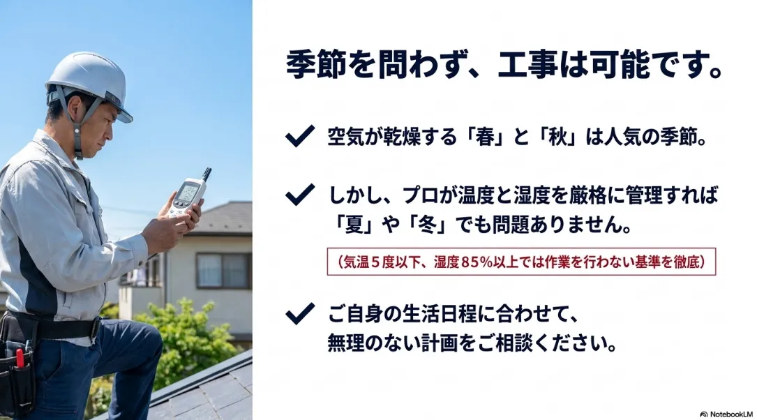 プロが温度と湿度を厳格に管理することで、春や秋だけでなく季節を問わず外壁塗装工事が可能であることを伝えるスライド