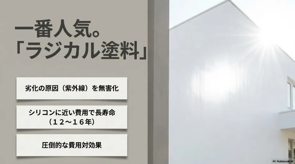 一番人気のラジカル塗料。紫外線を無害化し、シリコンに近い費用で長寿命を実現