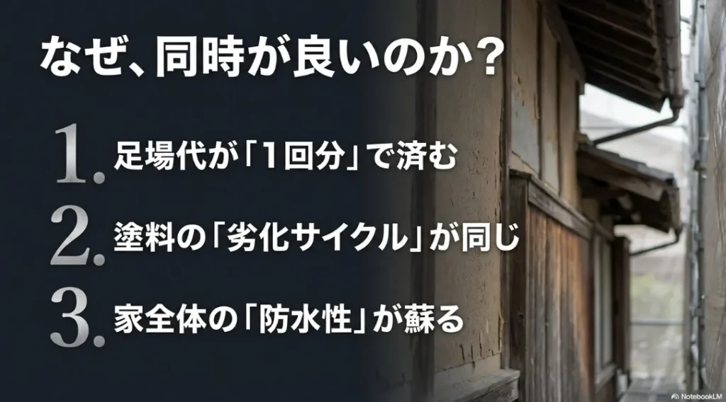 足場代が1回分で済むこと、塗料の劣化サイクルが同じこと、家全体の防水性が蘇ることの3つの理由