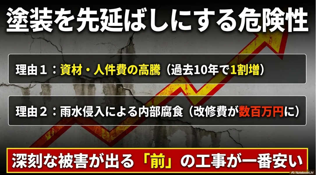 塗装を先延ばしにする危険性と、資材・人件費の高騰や雨水侵入による内部腐食のリスク