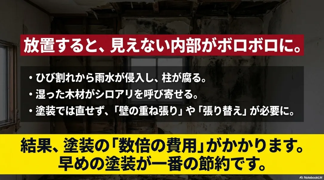 外壁の劣化を放置すると雨水が侵入して柱が腐り、結果的に壁の張り替えなど数倍の修繕費用がかかることを警告するスライド