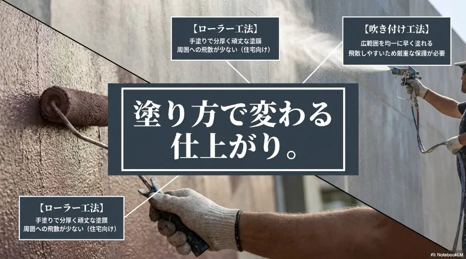 塗り方で変わる仕上がり。ローラー工法と吹き付け工法のメリットと特徴
