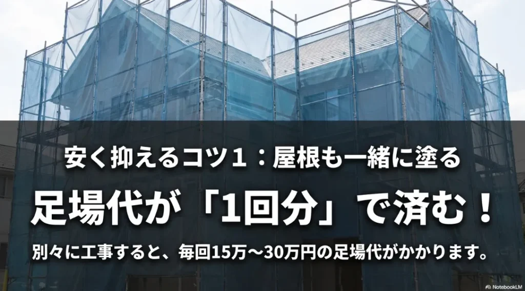 外壁塗装を安く抑えるコツ1・屋根との同時施工で足場代を節約