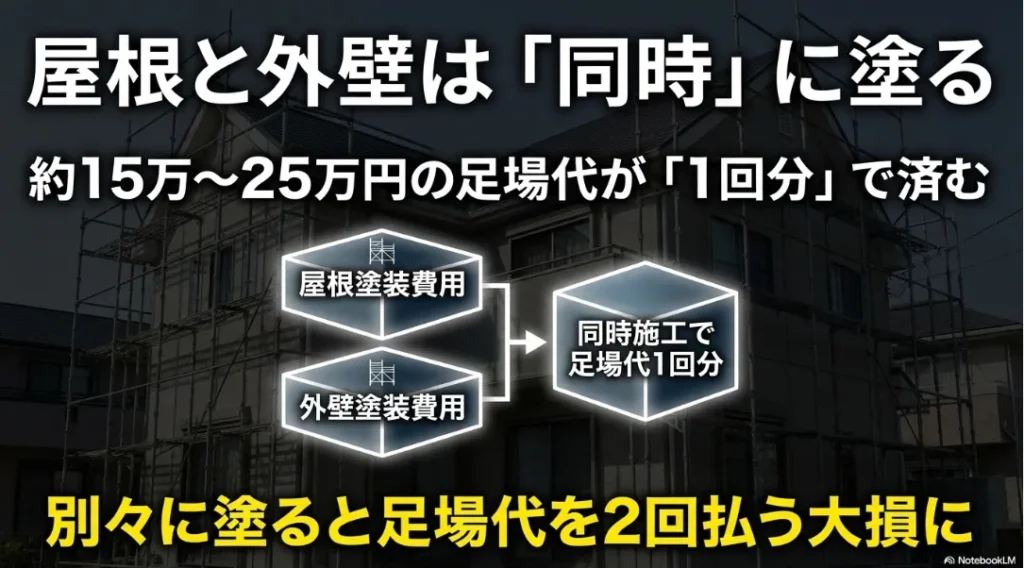 屋根塗装と外壁塗装を同時施工することで、足場代が1回分で済む