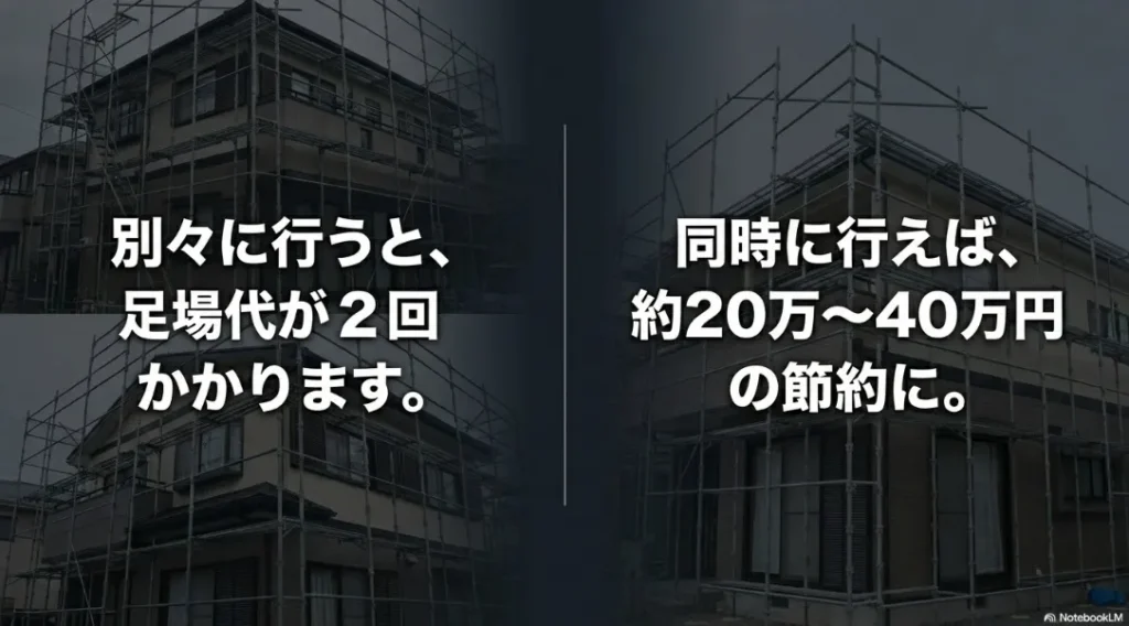 別々に行うと足場代が2回かかるが、同時に行えば約20万から40万円の節約になることの図解