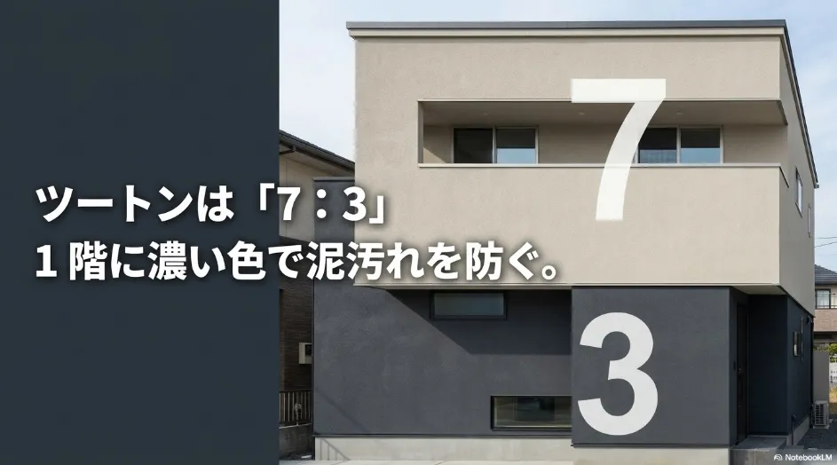 ツートンカラーの配色は7対3 1階に濃い色で泥汚れを防ぐ