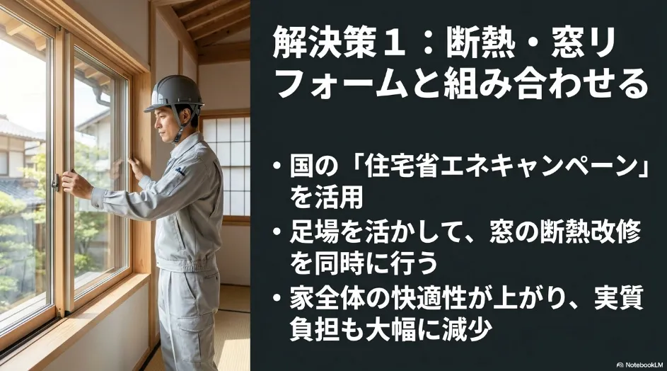 補助金活用解決策1。国の住宅省エネキャンペーンを利用し、外壁塗装の足場を活かして窓の断熱改修を同時に行う方法