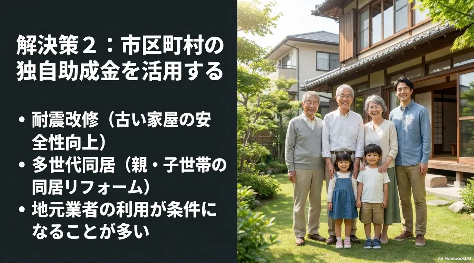 補助金活用解決策2。耐震改修や多世代同居など、条件を満たして市区町村の独自助成金を活用する方法