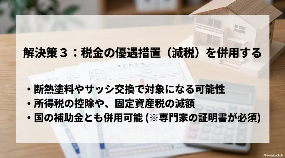 補助金活用解決策3。断熱塗料やサッシ交換で対象となる所得税控除や固定資産税の減額など、税金の優遇措置を併用する方法