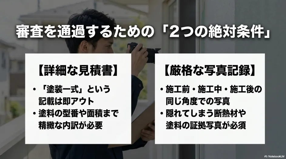 補助金審査を通過するための絶対条件。塗料の型番まで記載した詳細な見積書と、同じ角度からの厳格な写真記録