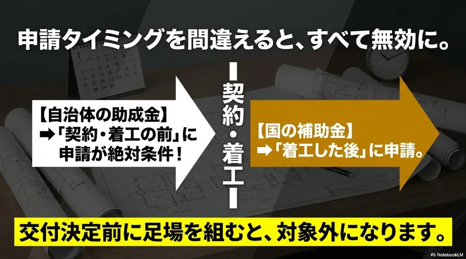 申請タイミングの注意点。自治体の助成金は契約・着工前に、国の補助金は着工後に申請するなど、スケジュールの違いを解説