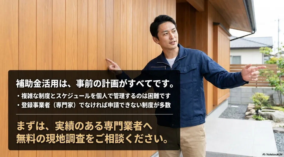 補助金活用は事前の計画が重要です。登録事業者である実績のある専門業者へ無料の現地調査をご相談ください