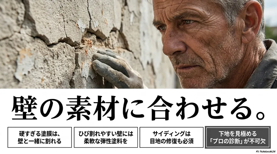 壁の素材に合わせた塗料選び。ひび割れやすい壁には弾性塗料、サイディングは目地の修復が必須