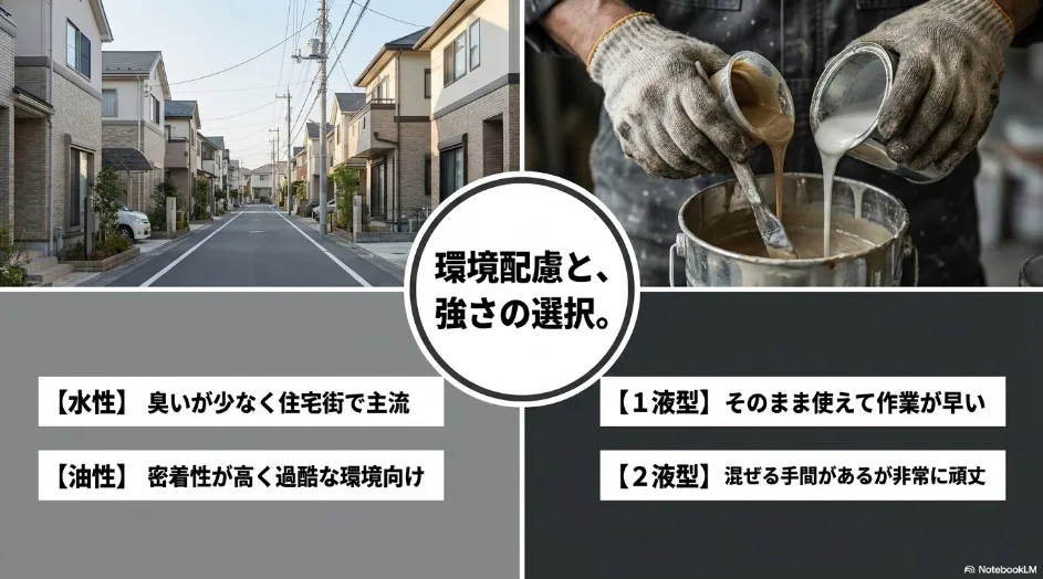 環境配慮と強さの選択。水性・油性、1液型・2液型塗料の違いと特徴