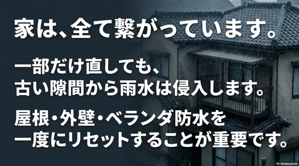 家は全て繋がっており、屋根・外壁・ベランダ防水を一度にリセットすることが重要であることの解説